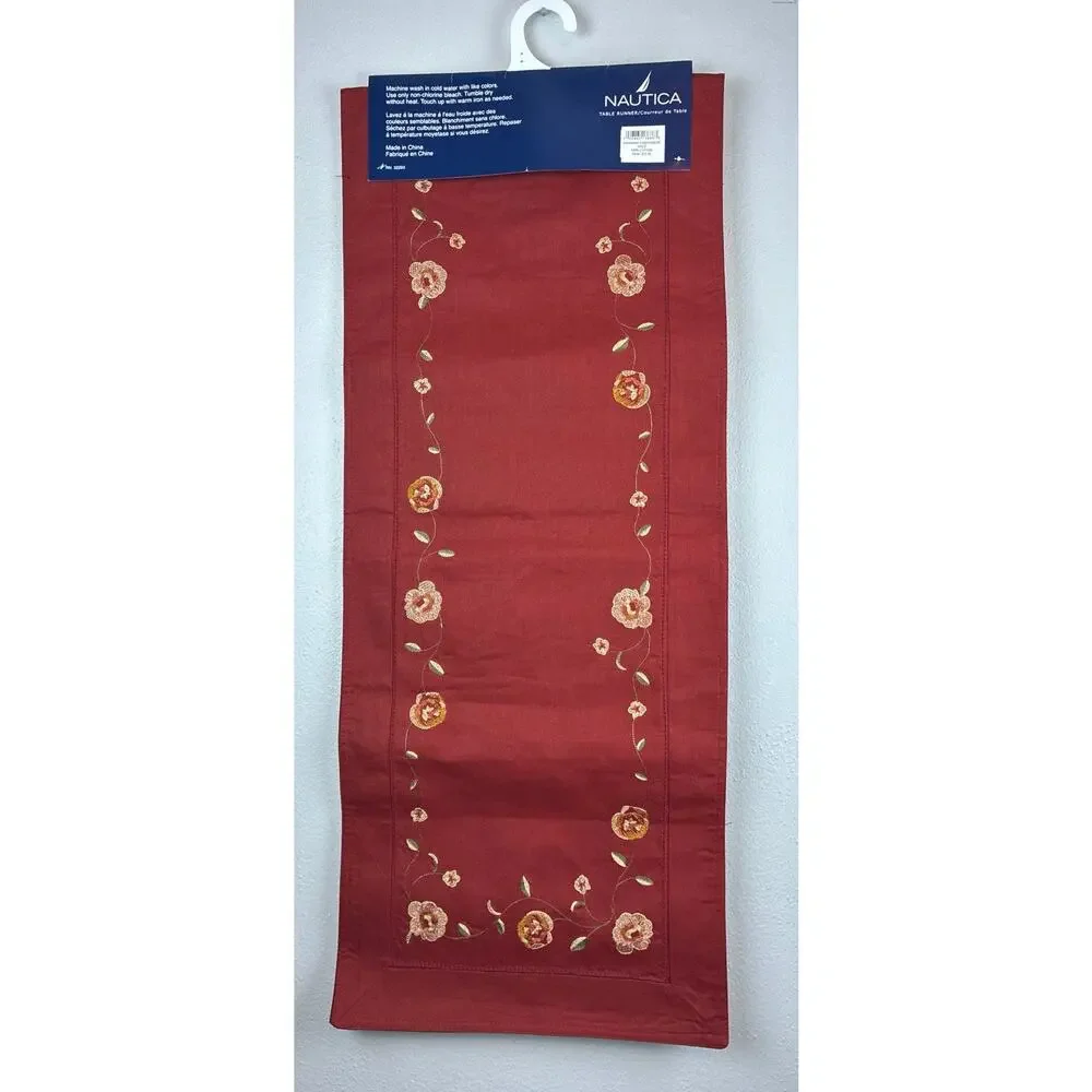 Nautica 70” Embroidered Savannah Spice 100% Ctn Floral Burgandy Table Runner